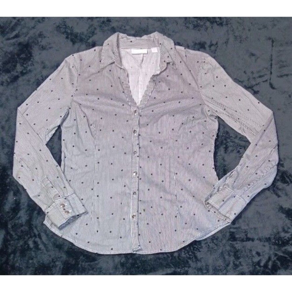New York & Company Long Sleeve Button Up Blouse M Black White Stripes Poka Dot